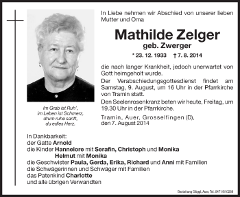 Traueranzeigen Von Mathilde Zelger Trauer Bz