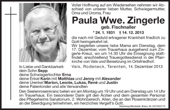 Traueranzeigen Von Paula Zingerle Trauer Bz