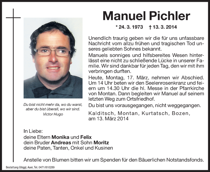 Traueranzeigen Von Manuel Pichler Trauer Bz