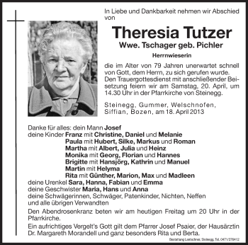 Traueranzeigen Von Theresia Tutzer Trauer Bz