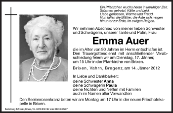 Traueranzeigen Von Emma Auer Trauer Bz