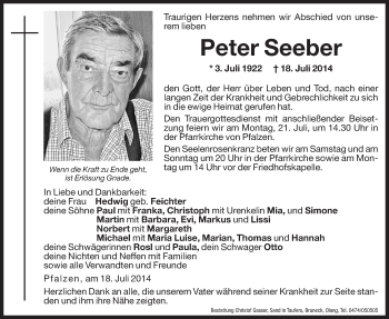 Traueranzeigen Von Peter Seeber Trauer Bz