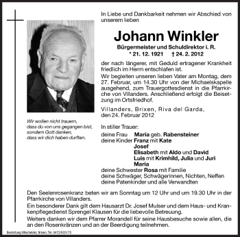 Traueranzeigen Von Johann Winkler Trauer Bz