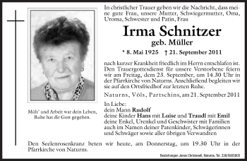 Traueranzeigen Von Irma Schnitzer Trauer Bz