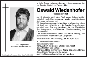 Traueranzeigen Von Oswald Wiedenhofer Trauer Bz