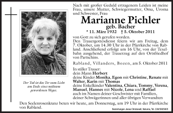 Traueranzeigen Von Marianne Pichler Trauer Bz