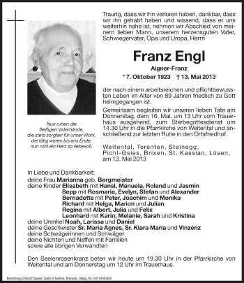 Traueranzeigen Von Franz Engl Trauer Bz