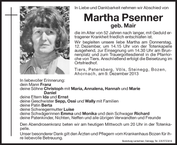 Traueranzeigen Von Martha Psenner Trauer Bz