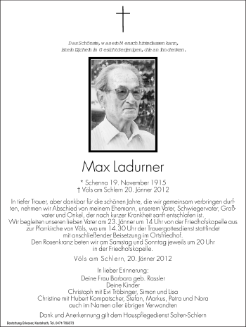 Traueranzeigen Von Max Ladurner Trauer Bz