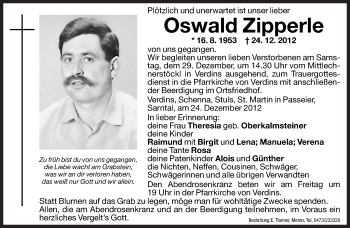 Traueranzeigen Von Oswald Zipperle Trauer Bz