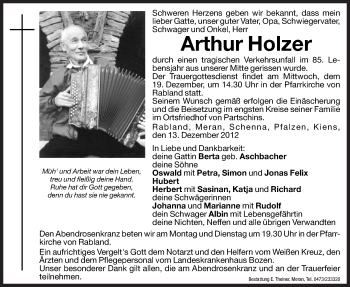 Traueranzeigen Von Arthur Holzer Trauer Bz