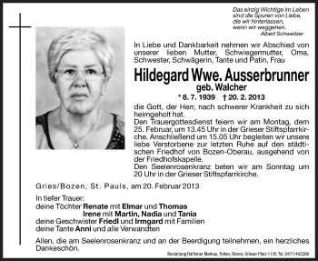 Traueranzeigen Von Hildegard Ausserbrunner Trauer Bz