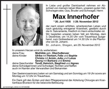 Traueranzeigen Von Max Innerhofer Trauer Bz