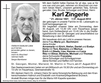 Traueranzeigen Von Karl Zingerle Trauer Bz