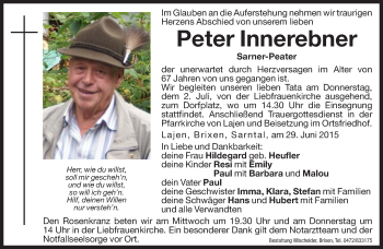 Traueranzeigen Von Peter Innerebner Trauer Bz