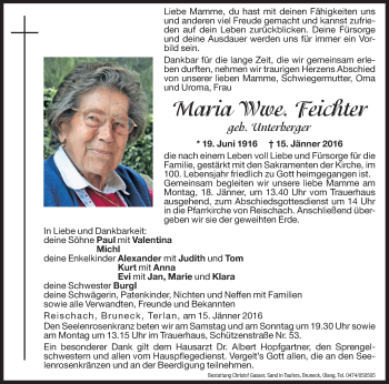 Traueranzeigen Von Maria Feichter Trauer Bz