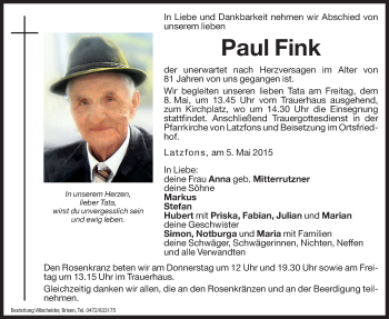 Traueranzeigen Von Paul Fink Trauer Bz