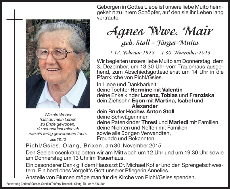 Traueranzeigen Von Agnes Mair Trauer Bz