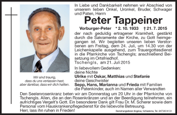 Traueranzeigen Von Peter Tappeiner Trauer Bz