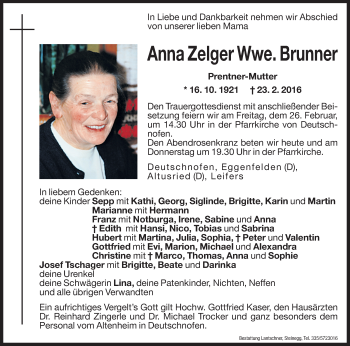 Traueranzeigen Von Anna Brunner Trauer Bz