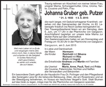 Traueranzeigen Von Johanna Gruber Trauer Bz