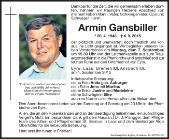 Traueranzeigen Von Armin Gansbiller Trauer Bz