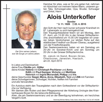 Traueranzeigen Von Alois Unterkofler Trauer Bz