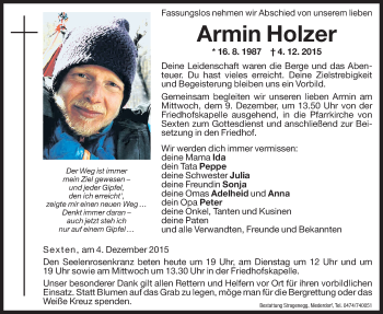 Traueranzeigen Von Armin Holzer Trauer Bz