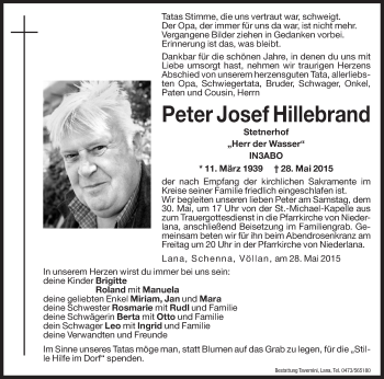 Traueranzeige von Peter Josef Hillebrand von Dolomiten