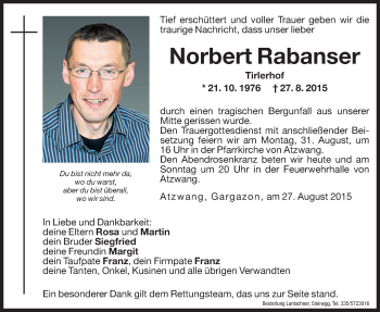 Traueranzeigen Von Norbert Rabanser Trauer Bz