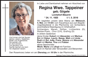 Traueranzeigen Von Regina Tappeiner Trauer Bz