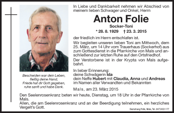 Traueranzeigen Von Anton Folie Trauer Bz