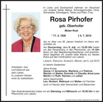 Traueranzeigen Von Rosa Pirhofer Trauer Bz