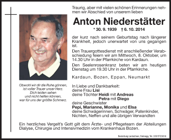 Traueranzeigen Von Anton Niederst Tter Trauer Bz