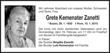 Traueranzeigen Von Grete Kemenater Zanetti Trauer Bz