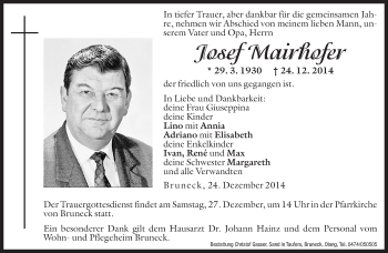 Traueranzeigen Von Josef Mairhofer Trauer Bz