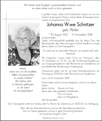 Traueranzeigen Von Johanna Schnitzer Trauer Bz