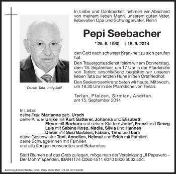 Traueranzeigen Von Pepi Seebacher Trauer Bz