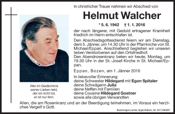 Traueranzeigen Von Helmut Walcher Trauer Bz