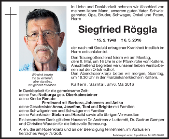 Traueranzeigen Von Siegfried R Ggla Trauer Bz