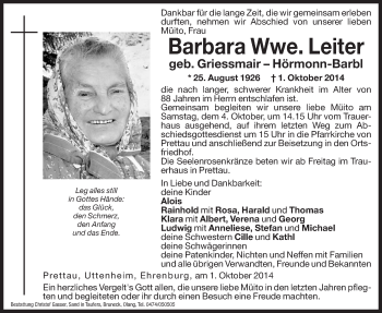 Traueranzeigen Von Barbara Leiter Trauer Bz