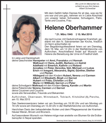 Traueranzeige von Helene Oberhammer von Dolomiten