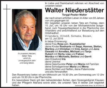 Traueranzeigen Von Walter Niederst Tter Trauer Bz