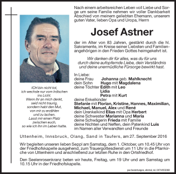 Traueranzeigen Von Josef Astner Trauer Bz