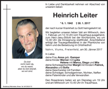 Traueranzeigen Von Heinrich Leiter Trauer Bz