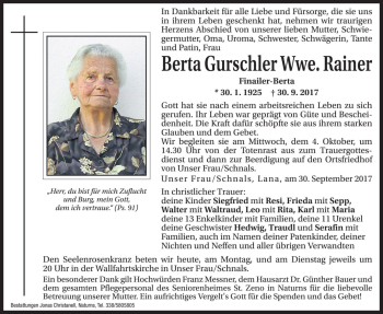 Traueranzeigen Von Berta Rainer Trauer Bz