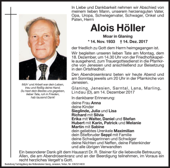 Traueranzeigen Von Alois H Ller Trauer Bz