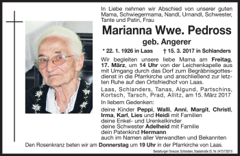 Traueranzeigen Von Marianna Pedross Trauer Bz