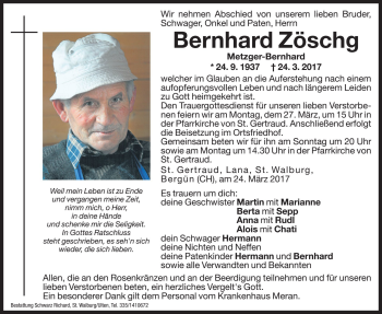 Traueranzeigen von Bernhard Zöschg Trauer bz