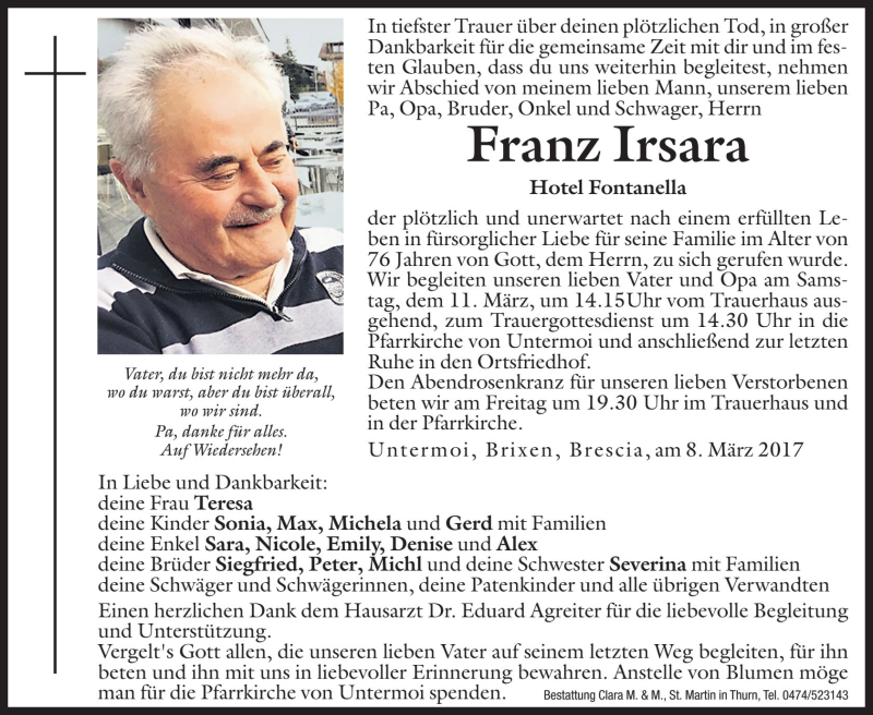 Traueranzeigen Von Franz Irsara Trauer Bz